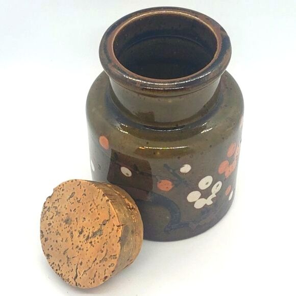 Nagoya Japan Vintage Olive Green Orange Cream Berry Cork Lid Stoneware Canister - Picture 3 of 10